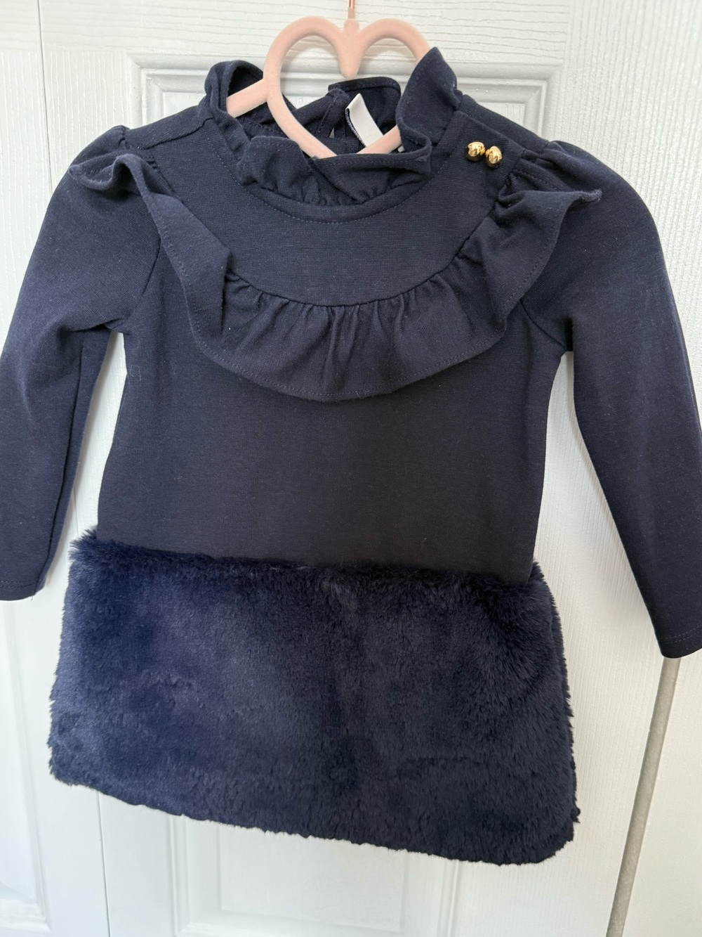 Janie and Jack Navy Long-Sleeve Top with Ruffle and Faux Fur Hem